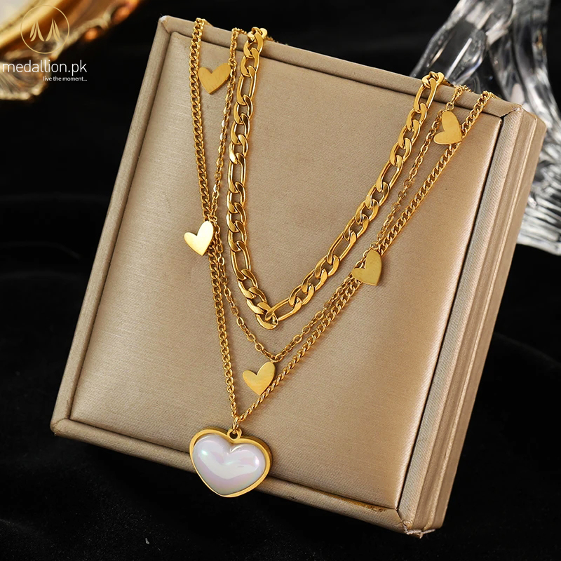 316L Stainless Steel Gold Plated White Heart Multilayer Necklace