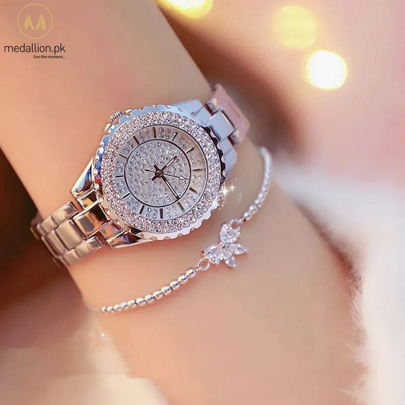 Women Quartz Steel Silver Color Watch & Bracelet Set