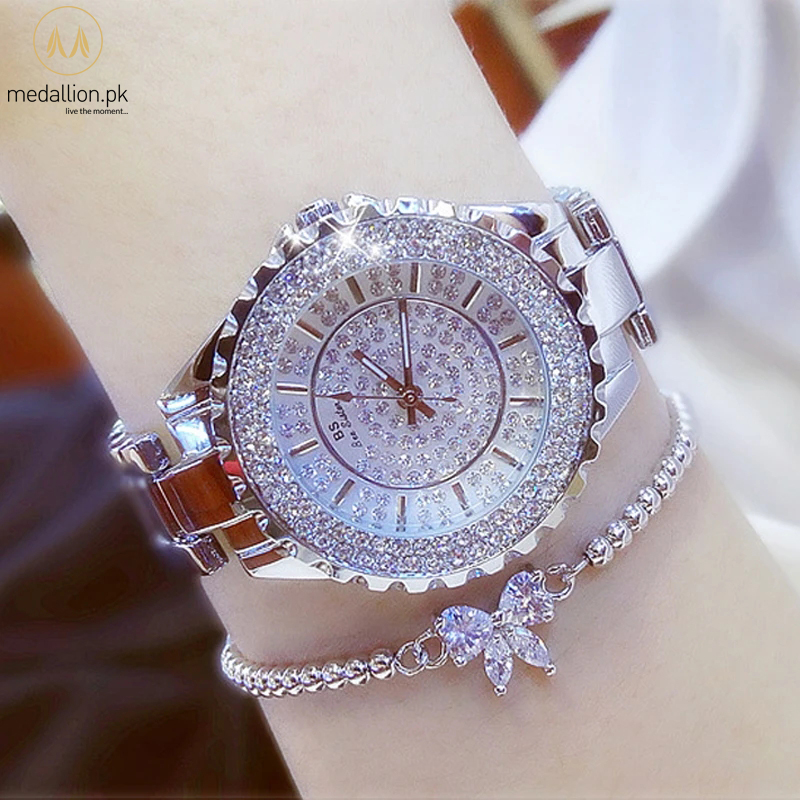 Women Quartz Steel Silver Color Watch & Bracelet Set