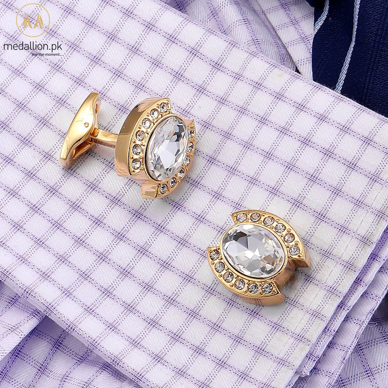 Luxury French Style Gold Plated White Big Zircon Cufflinks