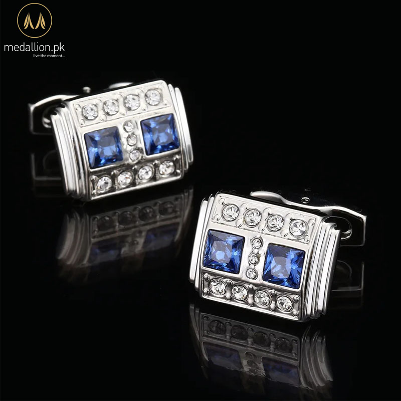 Luxury French Style Silver Plated Blue & White Cubic Zirconia Cufflinks