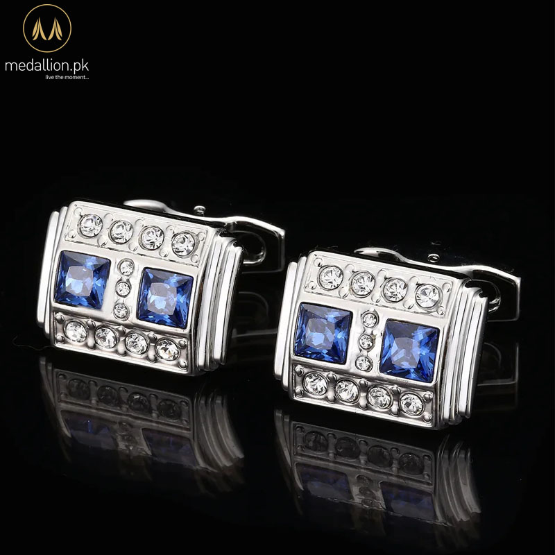 Luxury French Style Silver Plated Blue & White Cubic Zirconia Cufflinks