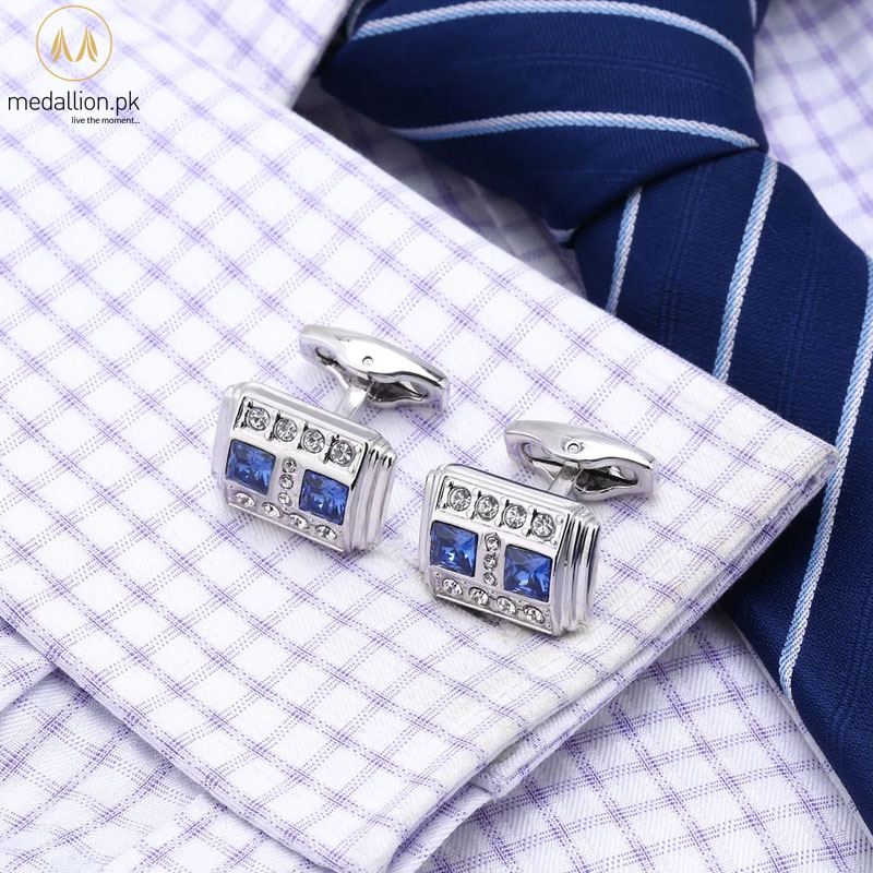 Luxury French Style Silver Plated Blue & White Cubic Zirconia Cufflinks