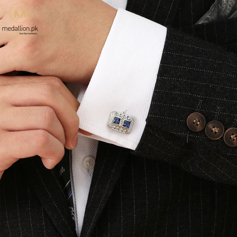 Luxury French Style Silver Plated Blue & White Cubic Zirconia Cufflinks