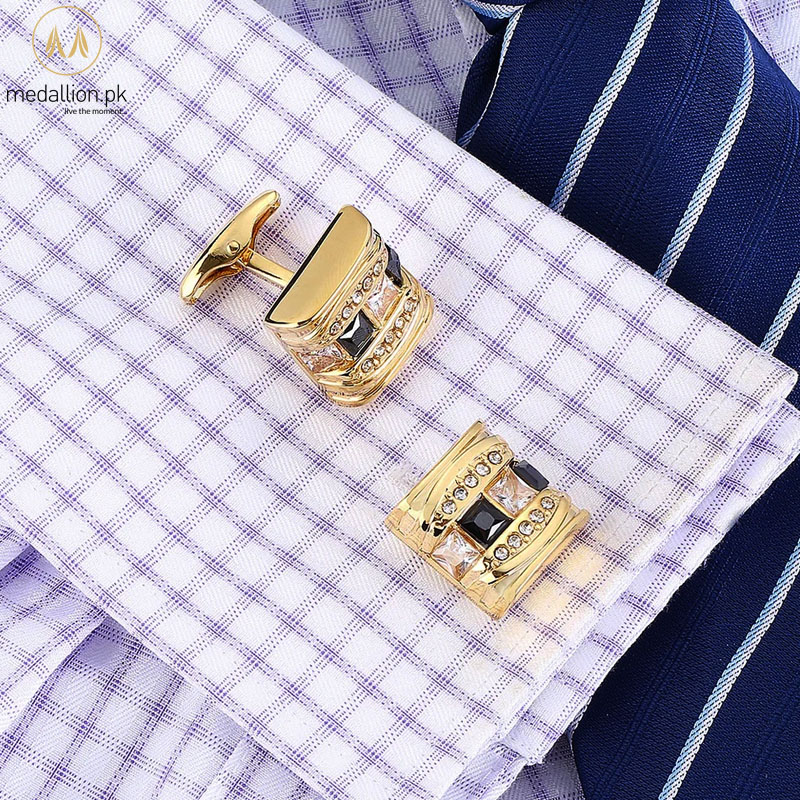 Luxury French Style Gold Plated Black & White Cubic Zirconia Cufflinks