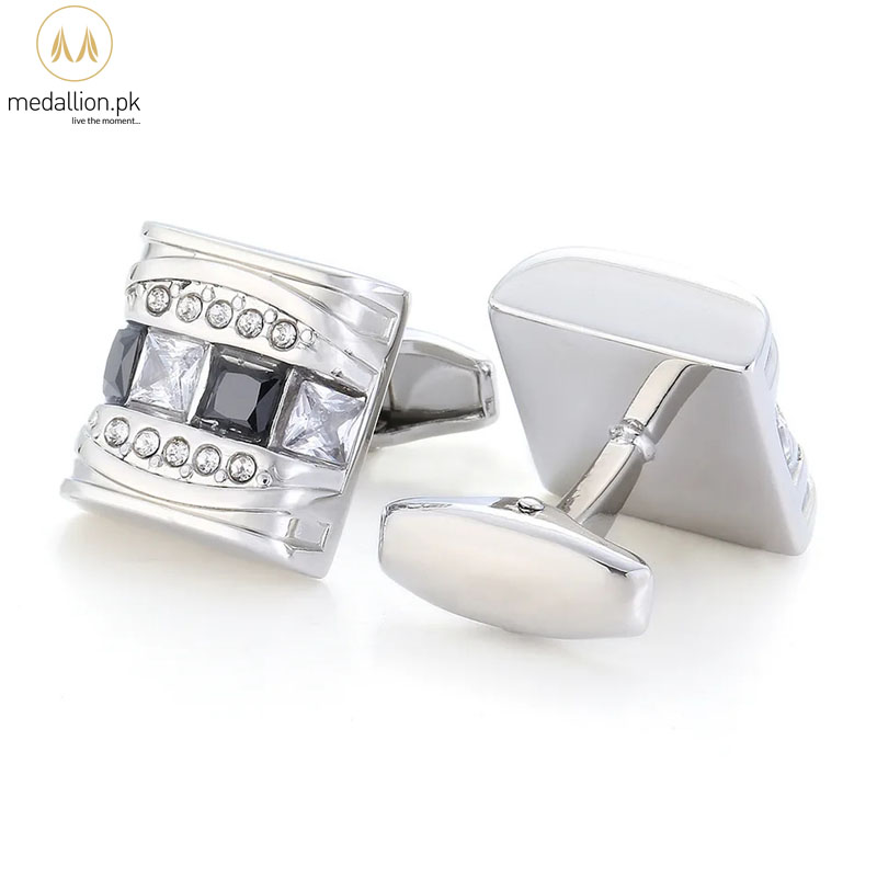 Luxury French Style Silver Plated Black & White Cubic Zirconia Cufflinks