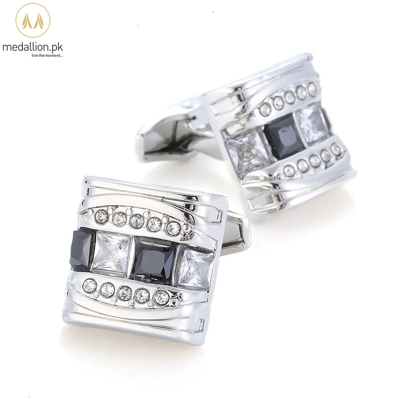 Luxury French Style Silver Plated Black & White Cubic Zirconia Cufflinks