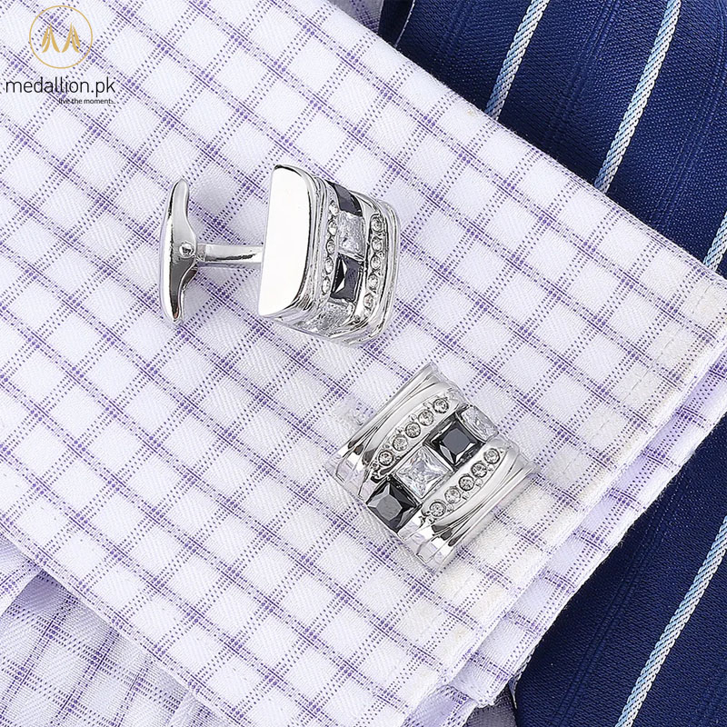 Luxury French Style Silver Plated Black & White Cubic Zirconia Cufflinks