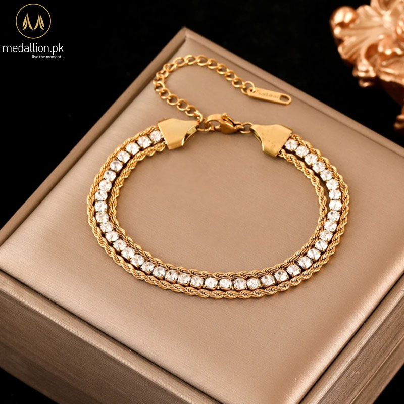 316L Stainless Steel Gold Plated Multi-Layer Chain CZ Bracelet