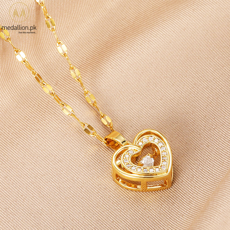 316L Stainless Steel Gold Plated Heart Love Zircon Necklace