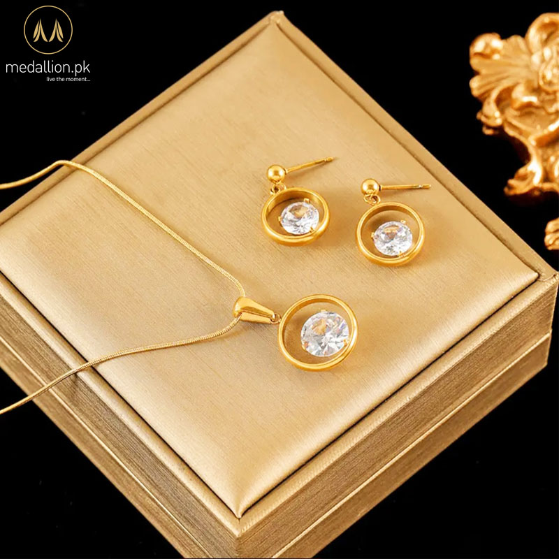 316L Stainless Steel 18K Gold Plated Round Big Zircon Jewelry Set