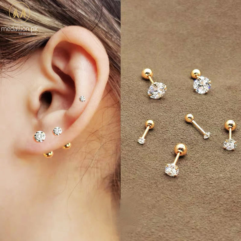 3 Pairs of 316L Stainless Steel 18K Gold Plated CZ Earrings