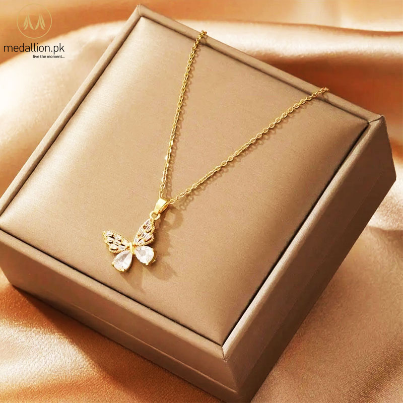 Stainless Steel 18K Gold Plated Butterfly Zircon Necklace