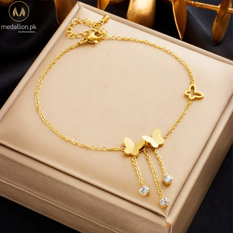 Stainless Steel 18K Gold Plated Multiple Butterflies Zircons Anklet