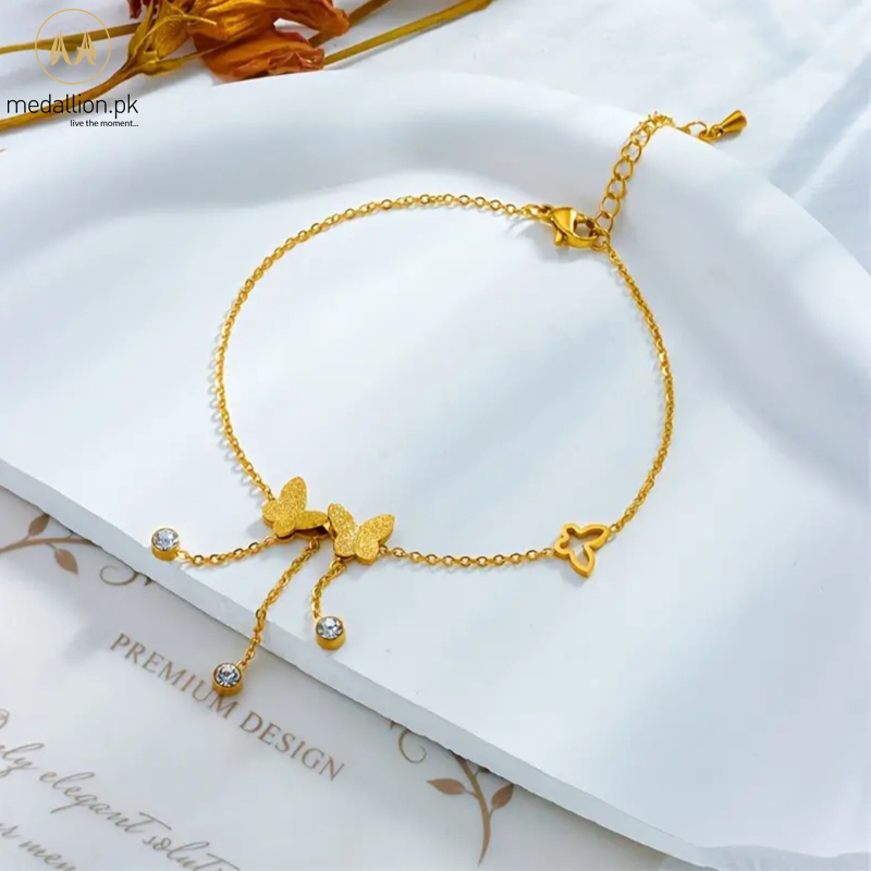 Stainless Steel 18K Gold Plated Multiple Butterflies Zircons Anklet