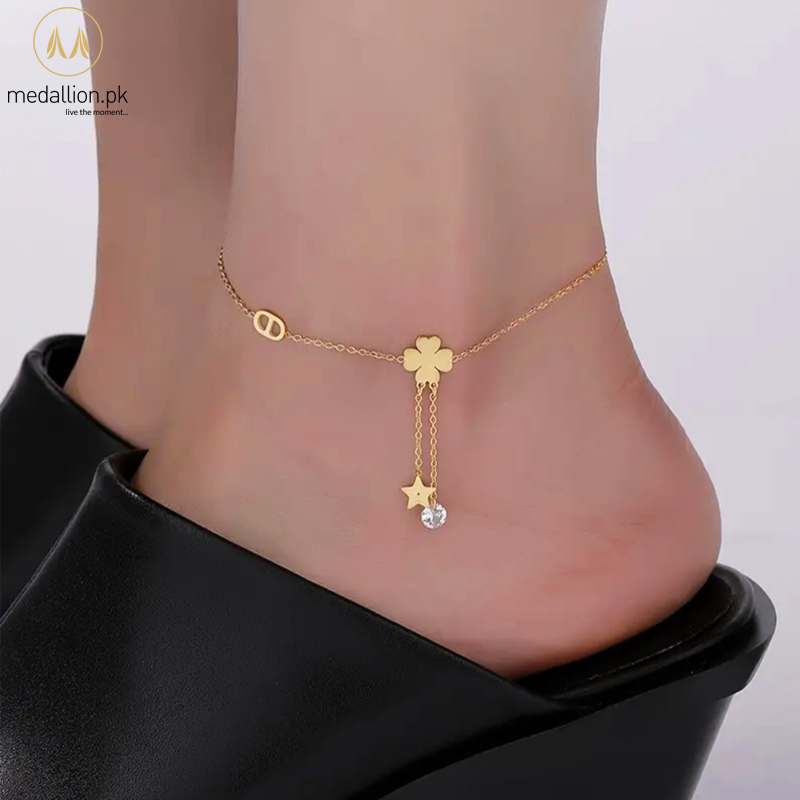 Stainless Steel 18K Gold Plated Clover Leaf Zircons Anklet