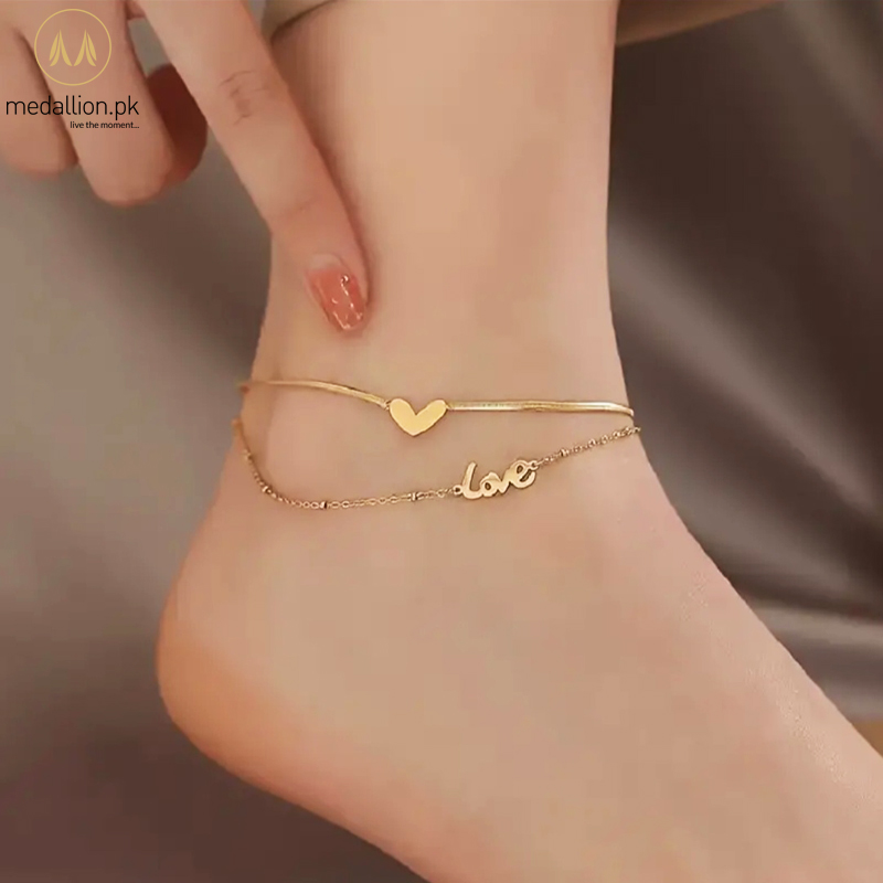 Stainless Steel 18K Gold Plated Love Heart Charm Anklet