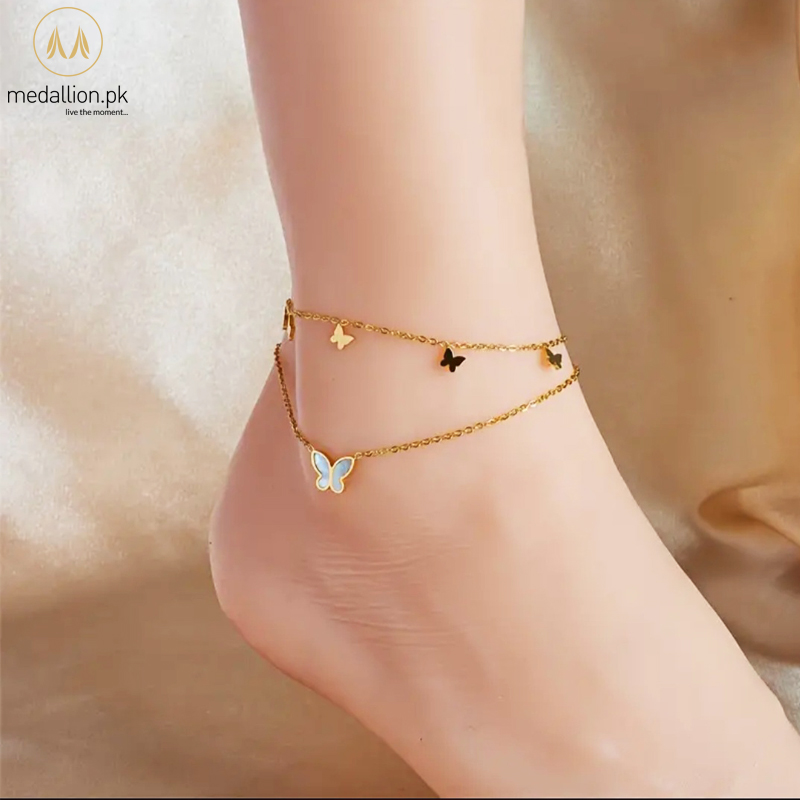 Stainless Steel 18K Gold Plated Butterflies Double Chain Anklet