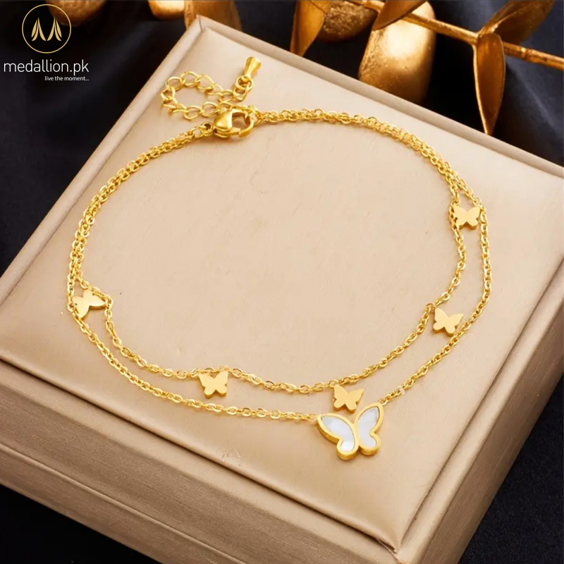 Stainless Steel 18K Gold Plated Butterflies Double Chain Anklet