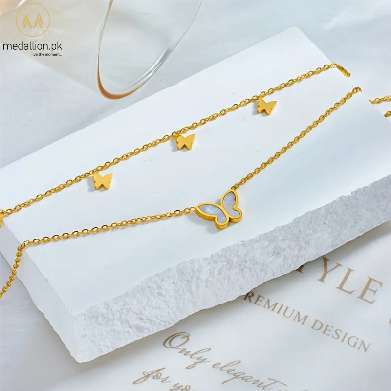 Stainless Steel 18K Gold Plated Butterflies Double Chain Anklet