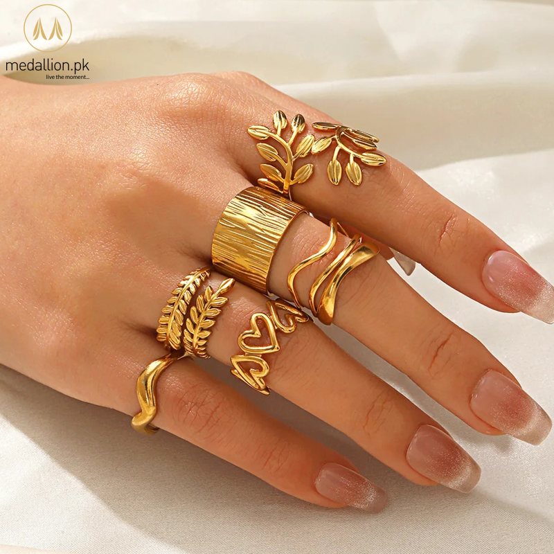 Set of 6 Stainless Steel Gold Plated Vintage Adjustable Rings