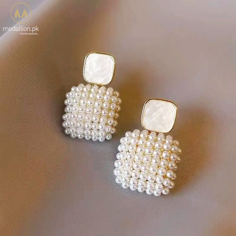 18K Gold Plated White Square Imitation Pearls Earrings