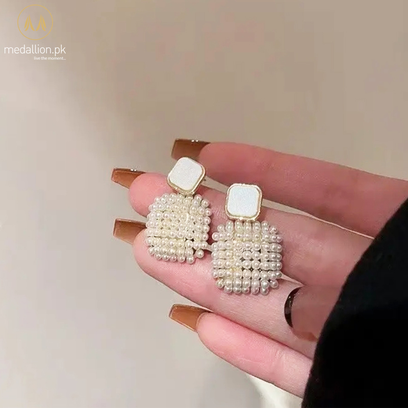 18K Gold Plated White Square Imitation Pearls Earrings