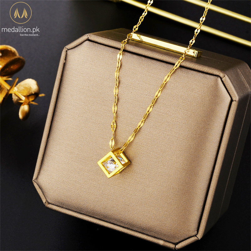 316L Stainless Steel Gold Plated Crystal in Square Necklace