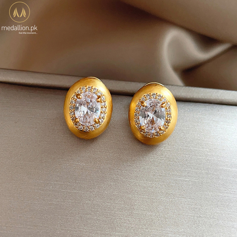 Ancient Style Gold Plated Oval Shape AAA+ CZ Earrings