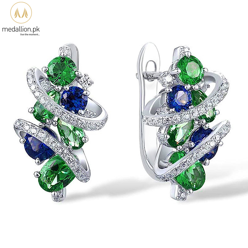 Elegant White Gold Plated Green/Blue CZ Hoop Earrings