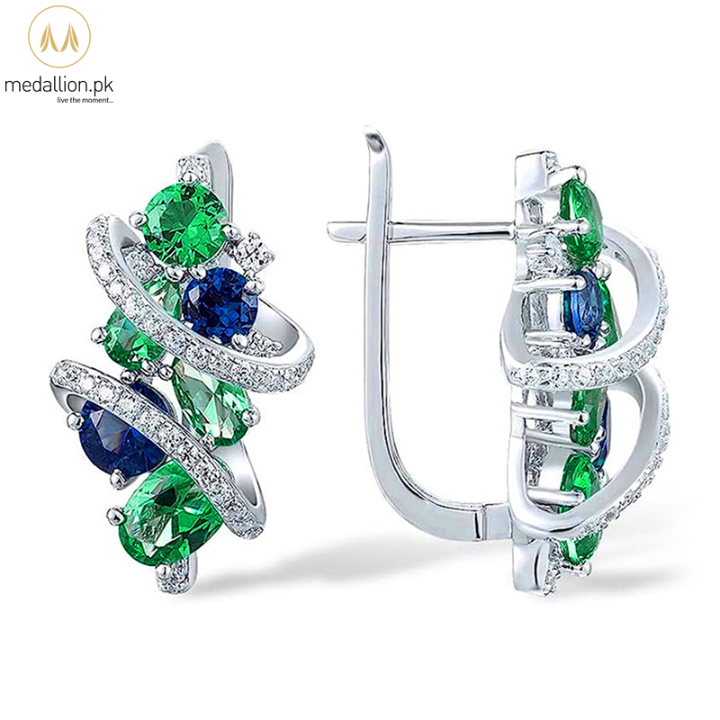 Elegant White Gold Plated Green/Blue CZ Hoop Earrings