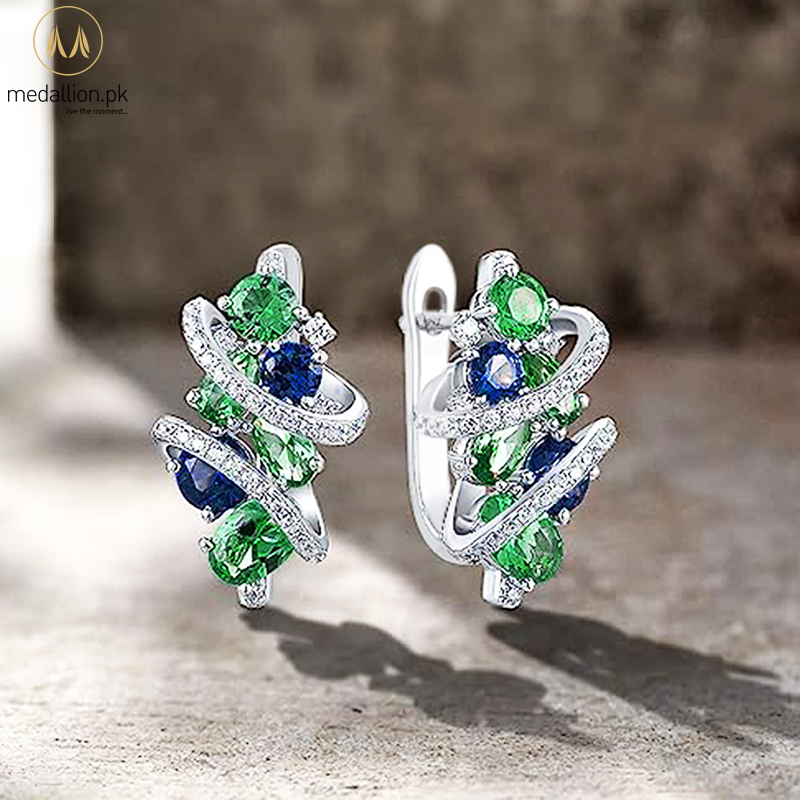 Elegant White Gold Plated Green/Blue CZ Hoop Earrings