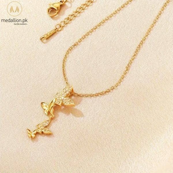 Stainless Steel 18K Gold Plated Elegant CZ Butterflies Necklace