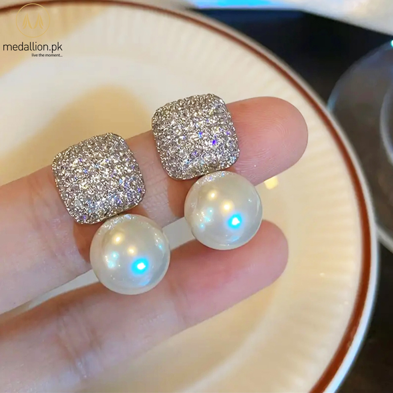 Vintage Imitation Pearl Sparkling Rhinestone Earrings