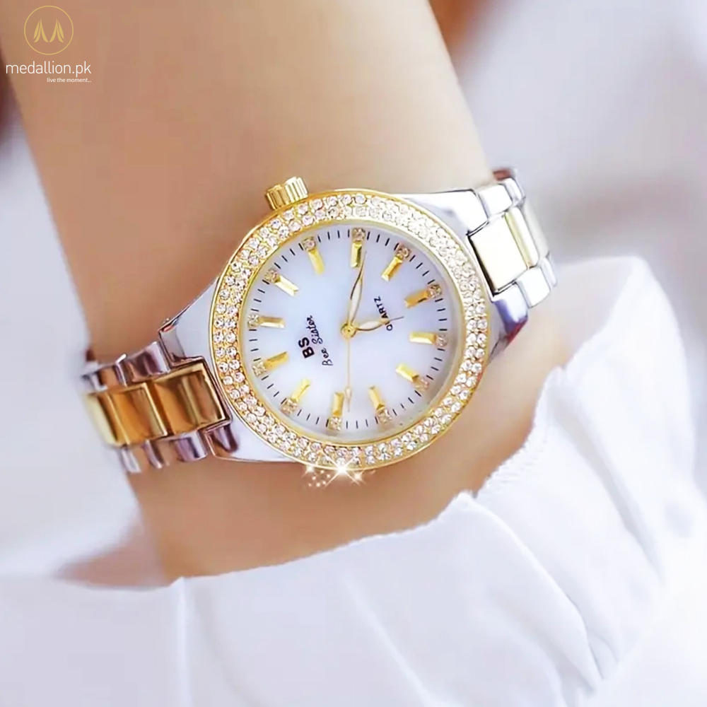 Quartz Movement Golden & Silver Steel Strap Watch