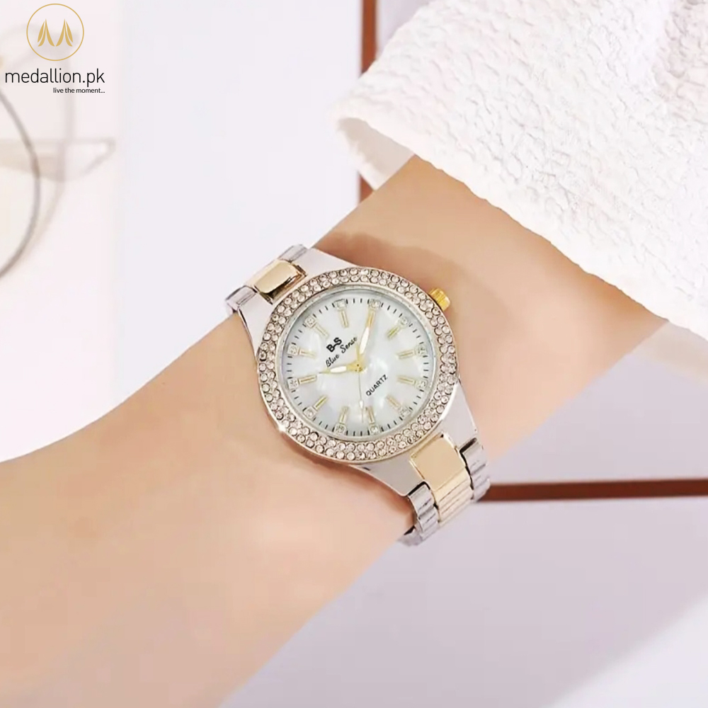 Quartz Movement Golden & Silver Steel Strap Watch