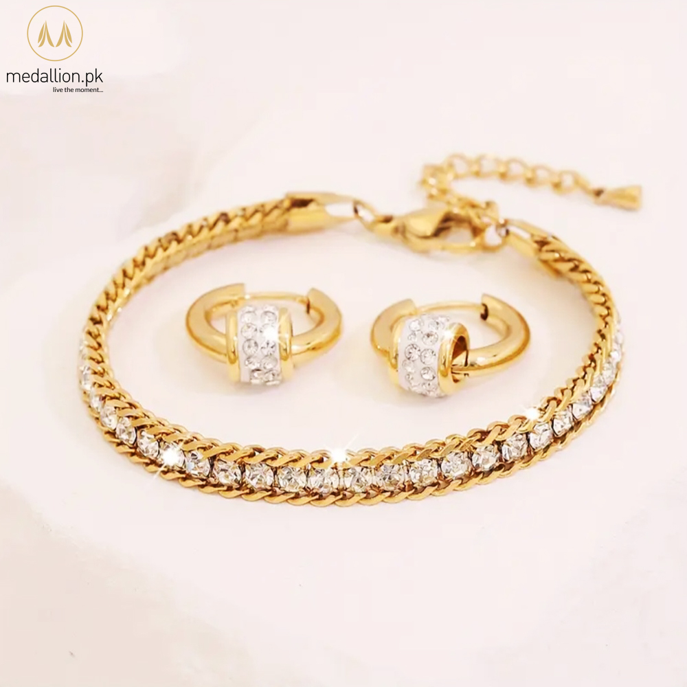 Stainless Steel 18k Gold Plated Bracelet & Earrings Jewelry Set