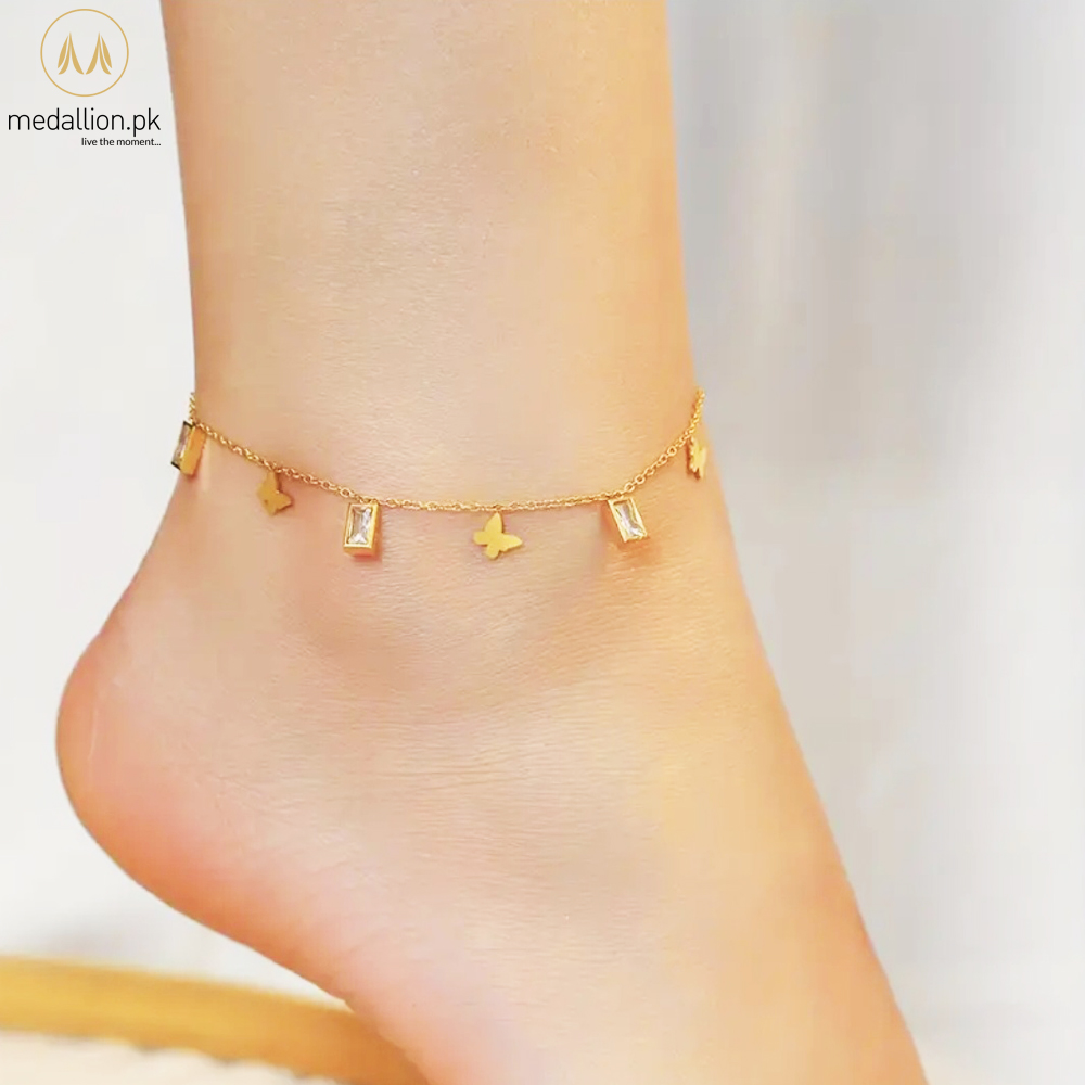 Titanium Steel 18K Gold Plated Butterflies Rectangle CZ Anklet