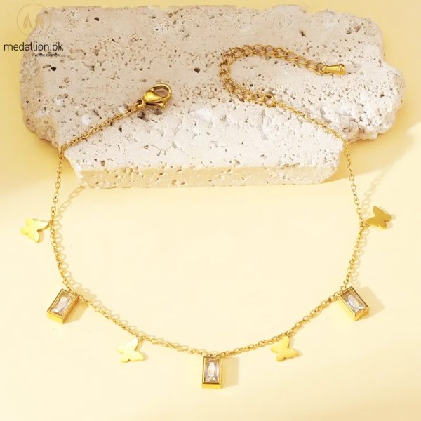 Titanium Steel 18K Gold Plated Butterflies Rectangle CZ Anklet