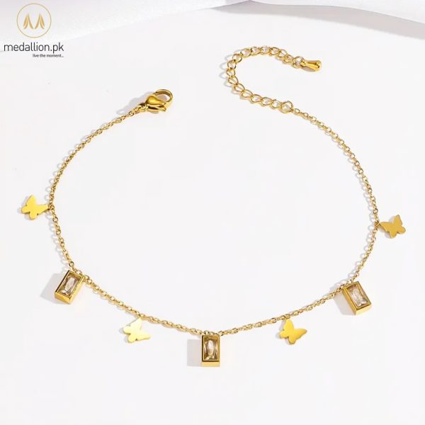 Titanium Steel 18K Gold Plated Butterflies Rectangle CZ Anklet