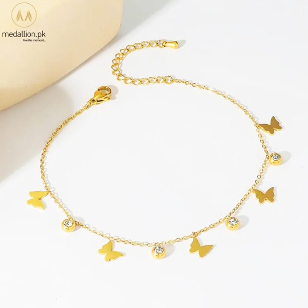 Titanium Steel 18K Gold Plated Butterflies Round CZ Anklet