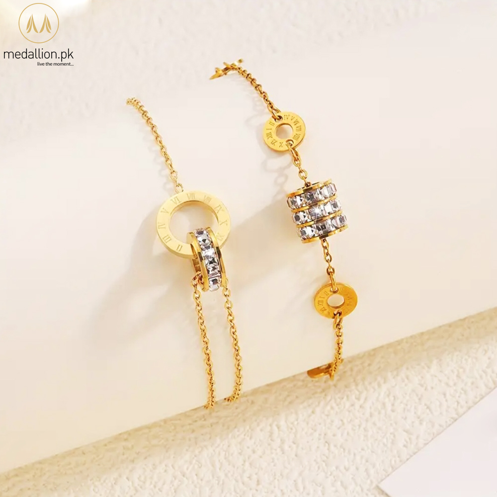 Stainless Steel 18k Gold Plated Roman Numerals CZ Two Bracelets Set