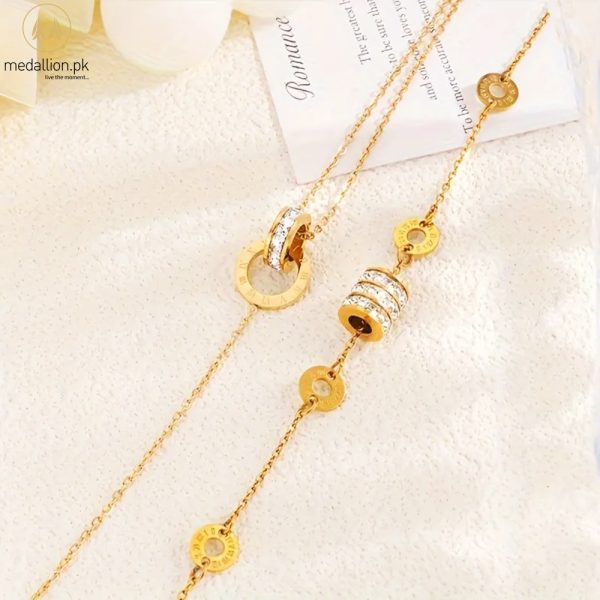 Stainless Steel 18k Gold Plated Roman Numerals CZ Two Bracelets Set