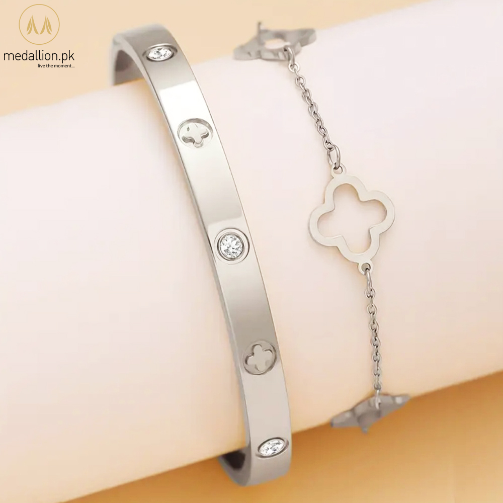 Stainless Steel Silvery Lucky Clover Bracelet with CZ Bangle