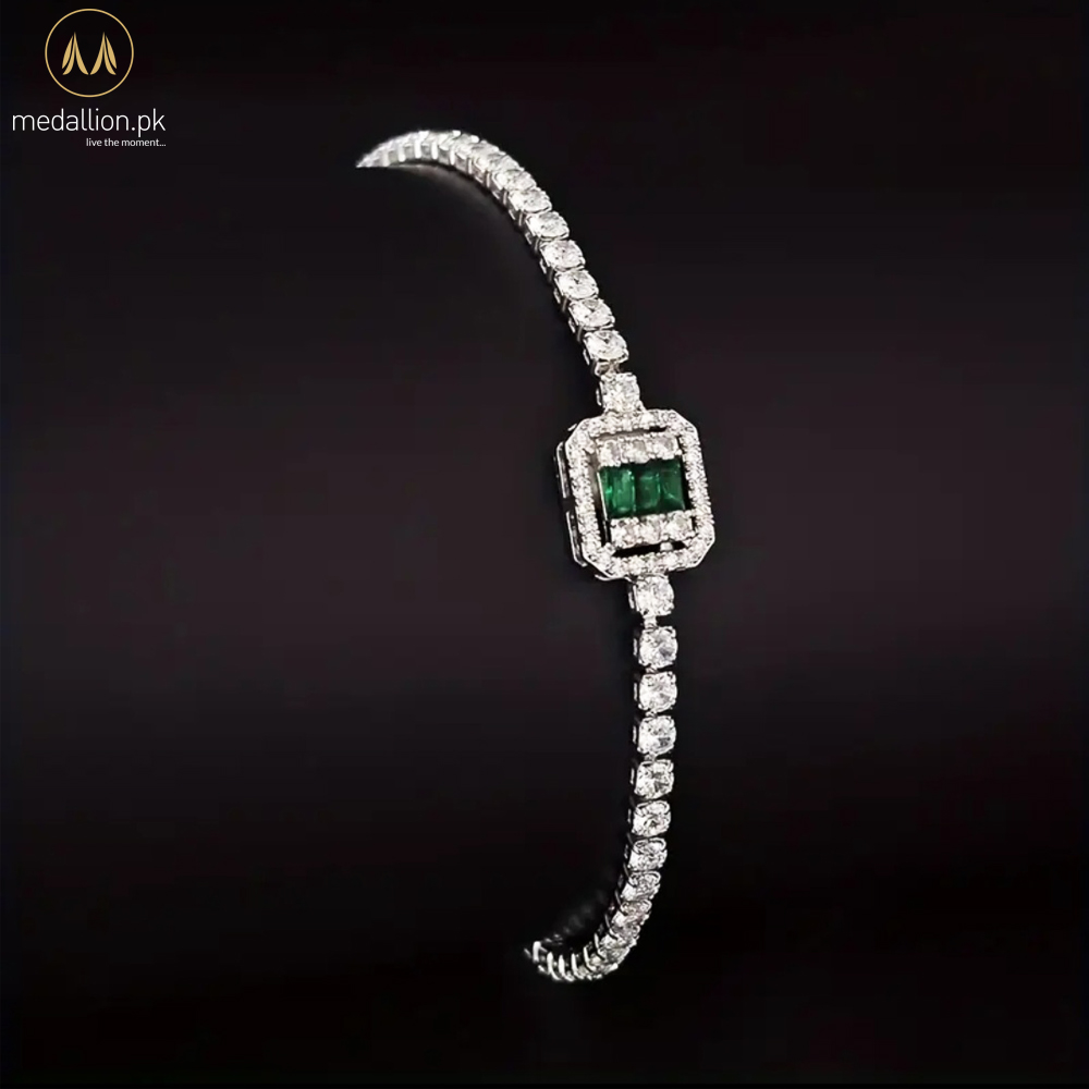 Silver Plated Green and White Cubic Zirconia Vintage Bracelet