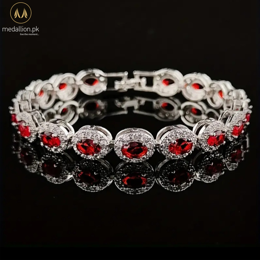 Silver Plated Red & White Cubic Zirconia Bracelet