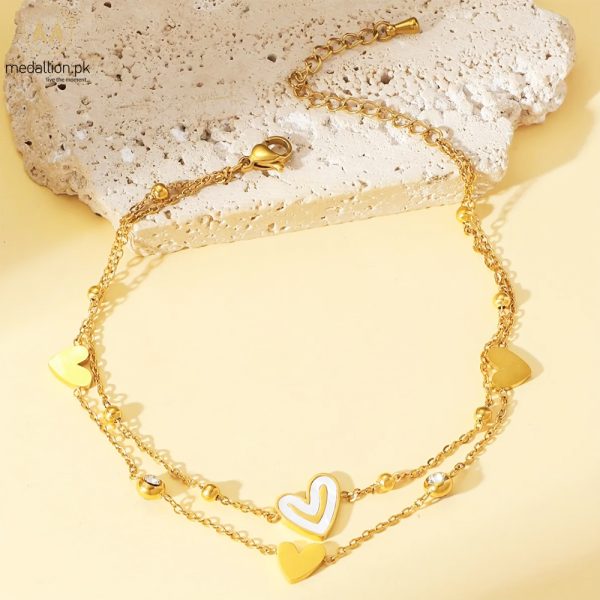 Stainless Steel 18K Gold Plated Double Hearts & Layer Anklet