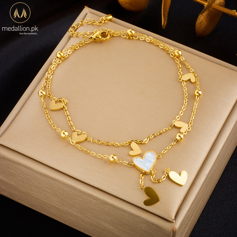 Stainless Steel 18K Gold Plated Multiple Hearts & Double Layer Anklet
