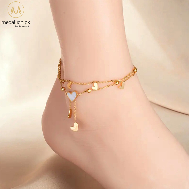 Stainless Steel 18K Gold Plated Multiple Hearts & Double Layer Anklet