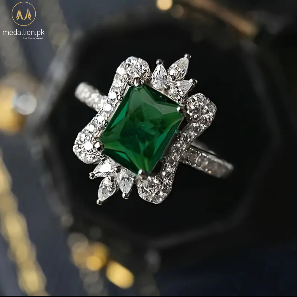 White Gold Plated Green & White Cubic Zirconia Ring